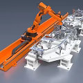 Industrial Robotic Arm Operating On Metal Components With White Base And Sparks