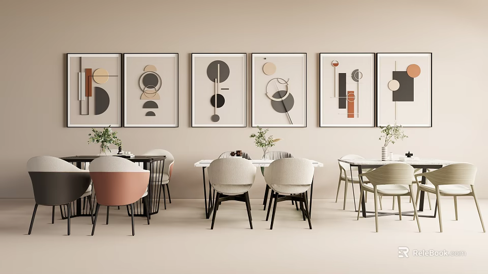 Modern Minimalist Dining Table Set with Mixed Color Chairs and Framed Wall Artworks 3d model 