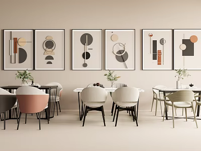 Modern Minimalist Dining Table Set with Mixed Color Chairs and Framed Wall Artworks 3d model