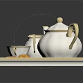Elegant Tableware Set with Teapot Teacups Milk Jug Sugar Bowl and Pastries on Tray