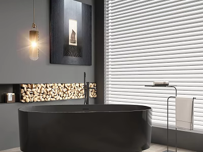 Modern Black Bathtub In Stylish Bathroom With Wood Accents And Art 3d model