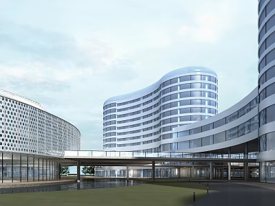 Modern Office Building Complex With Curved Glass Facades Connecting Walkway Green Lawn And Water Feature 3d model