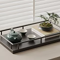 Elegant Green Tea Set with Teapot Cups on Tray and Small Plant near Window Blinds