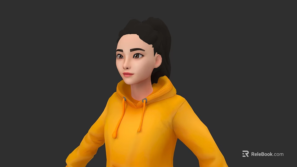 Woman Wearing Yellow Hoodie With Black Hair Tied Up In Casual Stylish Look 3d model 