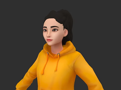 Woman Wearing Yellow Hoodie With Black Hair Tied Up In Casual Stylish Look 3d model