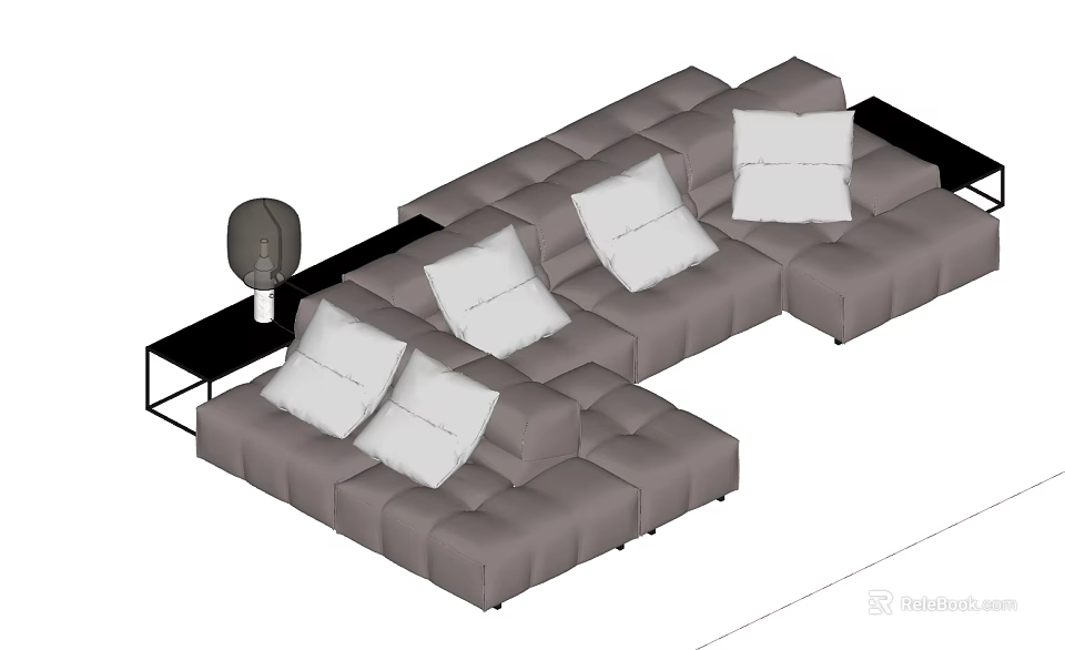 Modern Gray Sectional Sofa With Multiple White Cushions And Square Tufted Design 3d model