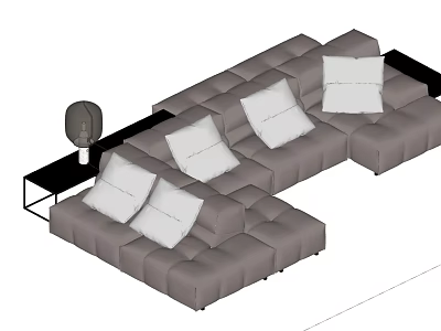 Modern Gray Sectional Sofa With Multiple White Cushions And Square Tufted Design 3d model