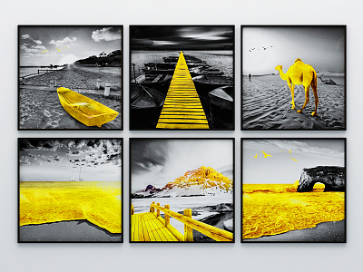 Modern landscape painting black and white gold beach combination frame painting 3d model