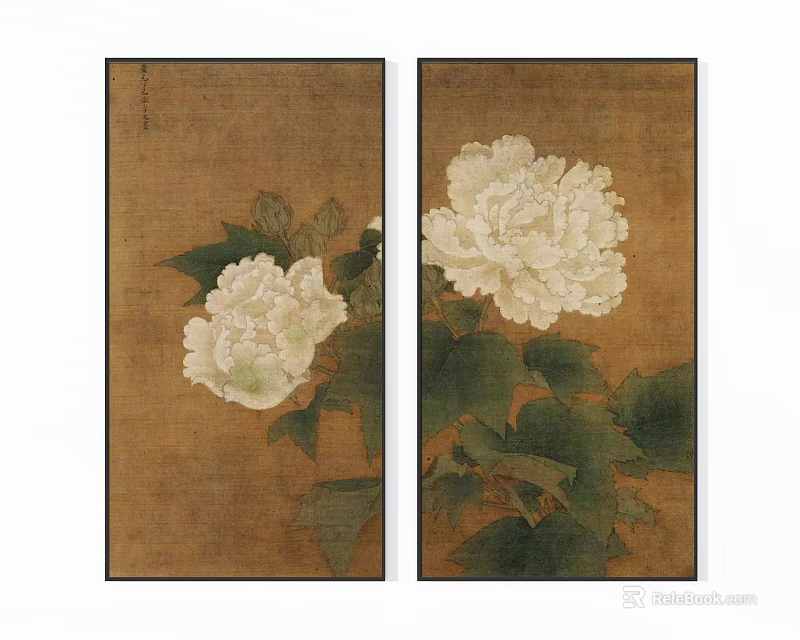 Traditional Botanical Paintings Artwork With White Flowers And Green Leaves 3d model 