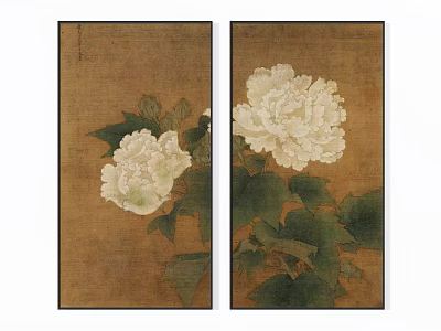 Traditional Botanical Paintings Artwork With White Flowers And Green Leaves 3d model