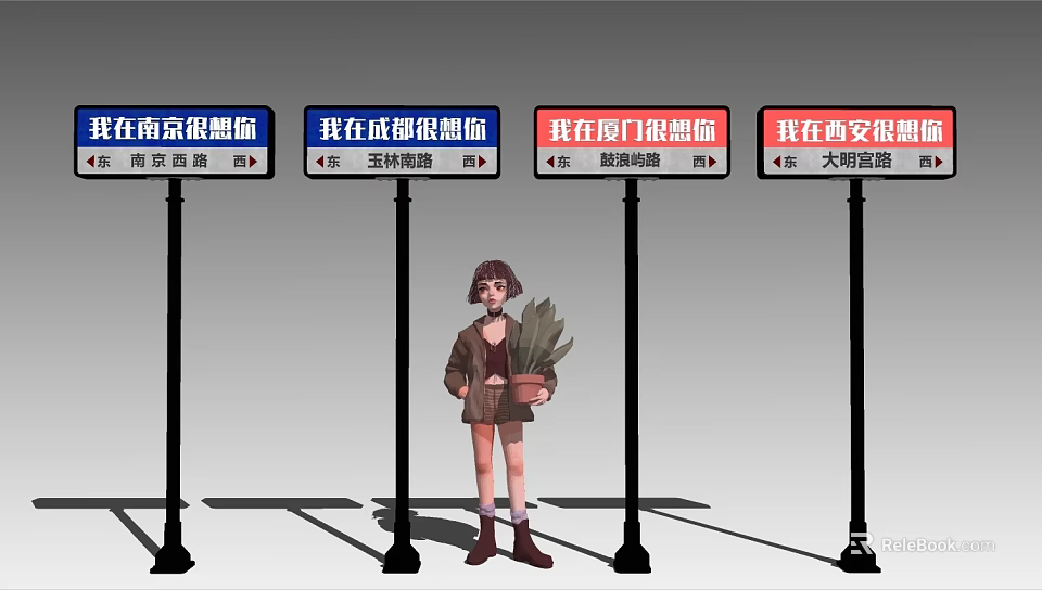 Urban Traffic Signs Displaying Multiple City Names and Person with Potted Plant 3d model 