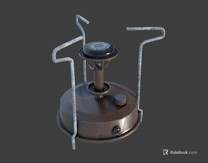 Vintage Metal Burner With Iron Base Curved Metal Stand And Black Knob Retro Design 3d model 