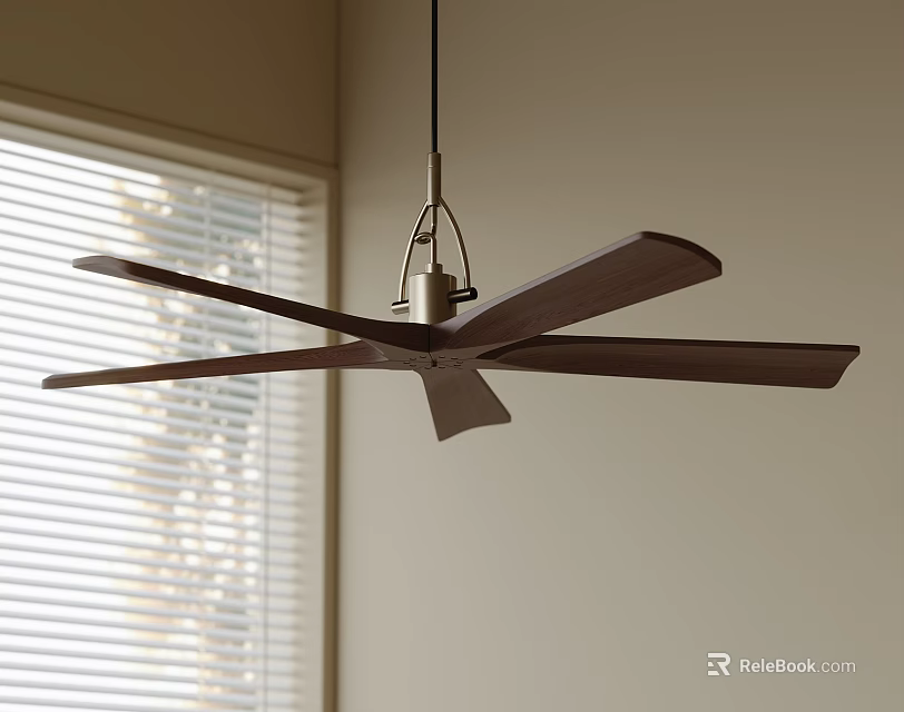 Modern Contemporary Ceiling Fan With Dark Blades Hanging In Room Interior Near Window With Blinds 3d model 