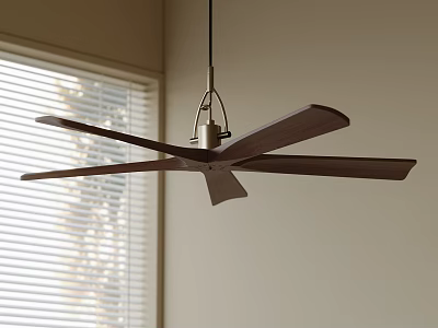 Modern Contemporary Ceiling Fan With Dark Blades Hanging In Room Interior Near Window With Blinds 3d model