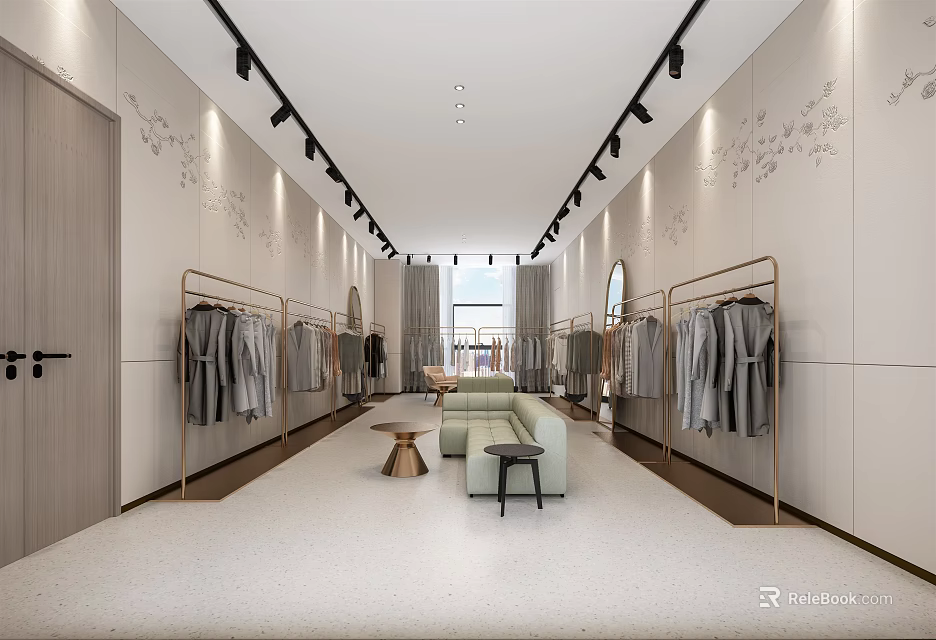 Modern Clothing Store Interior Design With Clothes Racks Sofa Small Tables And Lighting 3d model 