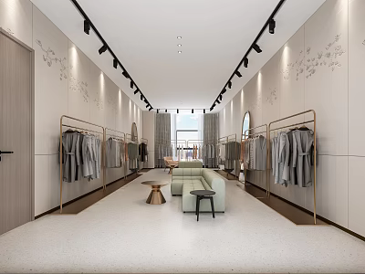 Modern Clothing Store Interior Design With Clothes Racks Sofa Small Tables And Lighting 3d model