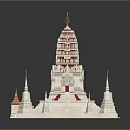 Cartoon Scene of Thai Temple Style with White Red Decorations Spires and Statue 3d model