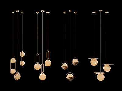 Elegant Multiple Modern Hanging Pendant Lights With Golden Frames And Circular Shades Against Black Background 3d model