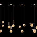 Elegant Multiple Modern Hanging Pendant Lights With Golden Frames And Circular Shades Against Black Background