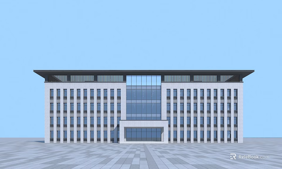 Modern Office Building Front Elevation With Large Glass Facade And Multiple Windows 3d model