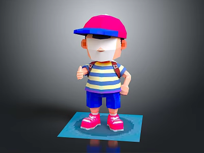 3D Cartoon Character Wearing Pink Cap White Mask Striped Shirt Blue Shorts Pink Shoes 3d model
