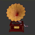 Vintage Gramophone With Yellow Flower Shaped Horn And Red Wooden Base