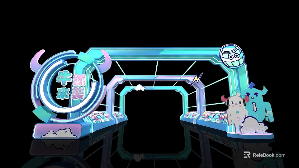 Colorful Cartoon Themed Event Entrance Gate With Turquoise Purple Arched Structure And Cloud Decorations 3d model 