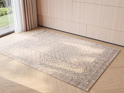 Square Carpet on Wooden Floor in Room with Patterned Design Natural Light and Beige Curtains 3d model