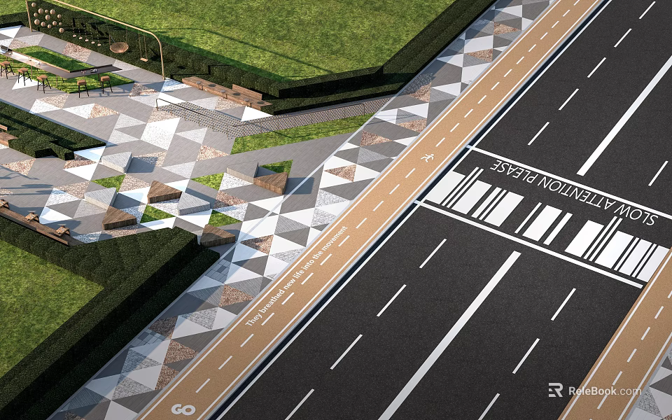 Modern Road Infrastructure With Geometric Sidewalk Design Crosswalk Lane Markings And Grass Areas 3d model 