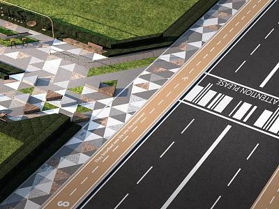 Modern Road Infrastructure With Geometric Sidewalk Design Crosswalk Lane Markings And Grass Areas 3d model