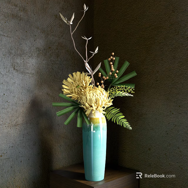 Ornamental Decorative Arrangement Featuring Blue Vase Yellow Flowers Green Leaves Ferns And Branches 3d model 