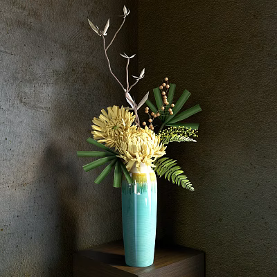 Ornamental Decorative Arrangement Featuring Blue Vase Yellow Flowers Green Leaves Ferns And Branches 3d model