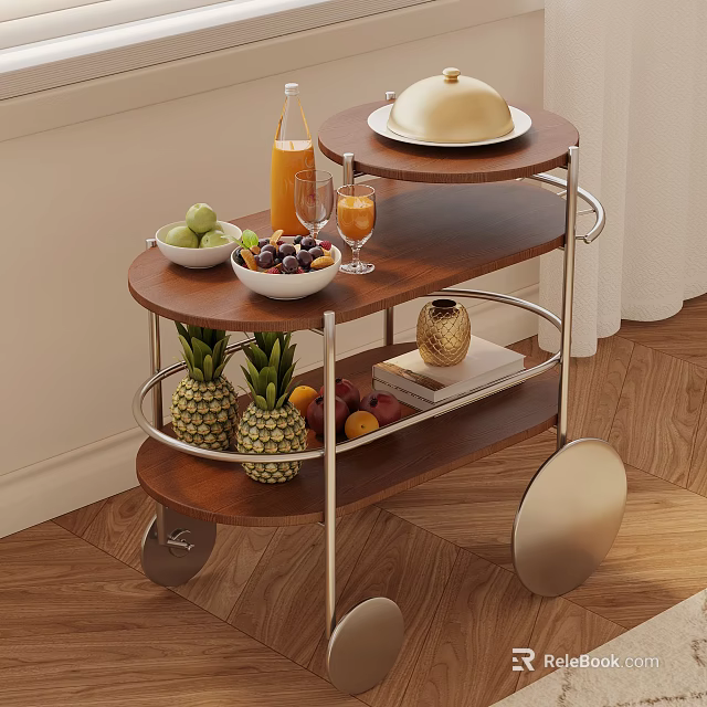 Three Tier Rolling Side Table with Wooden Shelves Metal Frame Fruits and Juice Glasses 3d model 