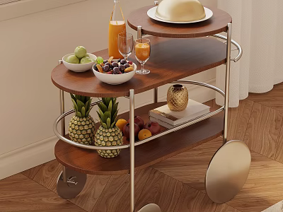 Three Tier Rolling Side Table with Wooden Shelves Metal Frame Fruits and Juice Glasses 3d model
