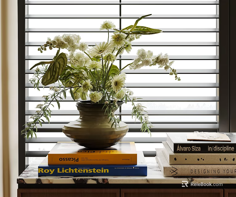 Stylish Brown Vase With White Flowers And Green Leaves On Stacked Books By Window Blinds 3d model 