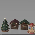 Christmas Scene Elements With Decorated Tree Lighted Wooden Cabin And Colorful Carousel