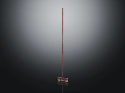 Wooden Broom with Long Handle and Brush Head on Dark Background 3d model