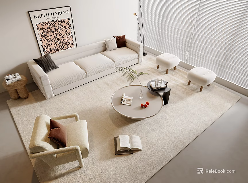 Modern Beige Sofa Coffee Table Set With Round Table Stools And Area Rug 3d model