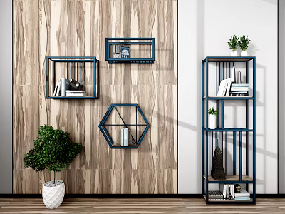 Blue Metal Bookshelves Wall Mounted And Floor Standing With Wooden Wall And Green Plants 3d model