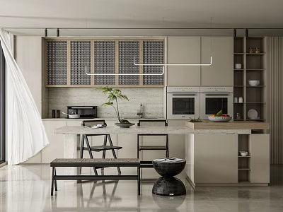 Modern Kitchen Interior With Cabinets Island Pendant Lights Plant And Stools 3d model