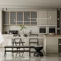 Modern Kitchen Interior With Cabinets Island Pendant Lights Plant And Stools