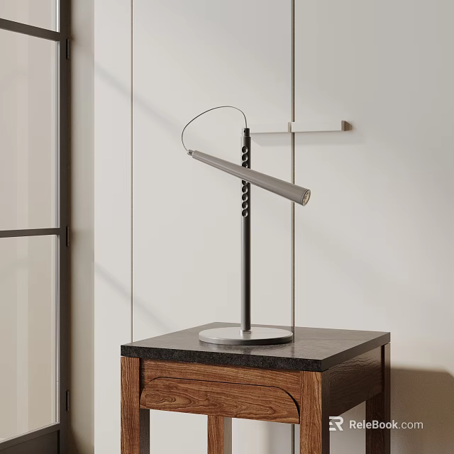 Sleek Modern Metal Table Lamp With Adjustable Arm On Dark Countertop And Wooden Cabinet 3d model 