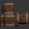 Rustic Wooden Barrels With Metal Hoops Stacked For Home Storage Use
