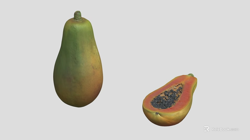 Fresh Papaya Fruit Whole And Sliced Showing Red Flesh With Black Seeds 3d model 