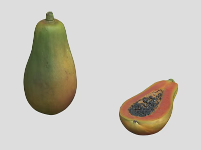 Fresh Papaya Fruit Whole And Sliced Showing Red Flesh With Black Seeds 3d model