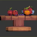 Fresh Assorted Fruits on Wooden Round Table with Blue Bowl and Purple Grapes