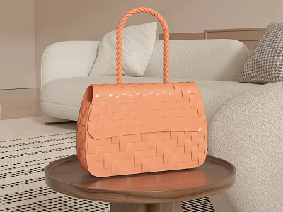 Stylish Orange Woven Handbag On Wooden Table In Living Room 3d model