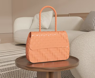 Stylish Orange Woven Handbag On Wooden Table In Living Room 3d model