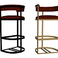 Modern Black and Gold Metal Frame Bar Stools With Brown Leather Seats