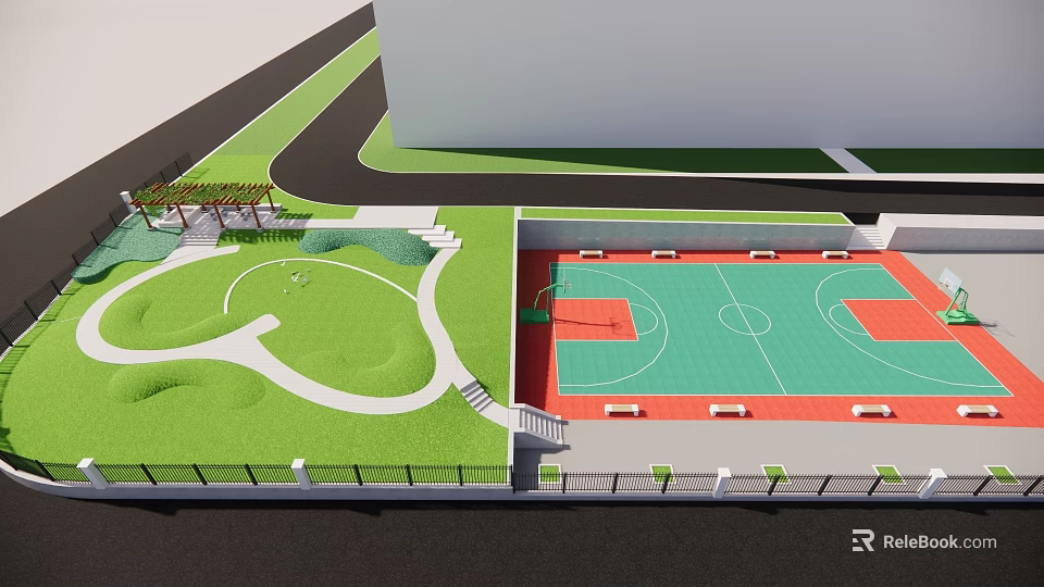 Outdoor Recreational Park Area With Green Paths Seats Black Fence And Basketball Court 3d model 